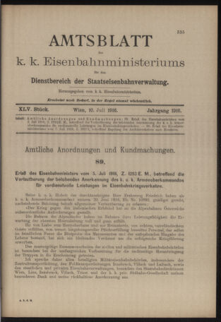 Verordnungs- und Anzeige-Blatt der k.k. General-Direction der österr. Staatsbahnen 19160710 Seite: 1