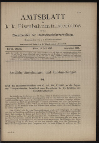 Verordnungs- und Anzeige-Blatt der k.k. General-Direction der österr. Staatsbahnen 19160715 Seite: 1