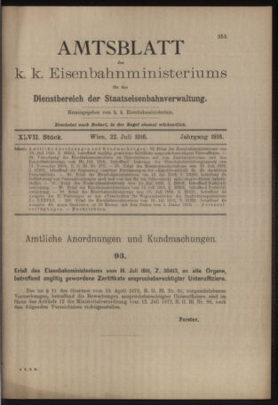 Verordnungs- und Anzeige-Blatt der k.k. General-Direction der österr. Staatsbahnen 19160722 Seite: 1