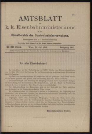 Verordnungs- und Anzeige-Blatt der k.k. General-Direction der österr. Staatsbahnen 19160726 Seite: 1