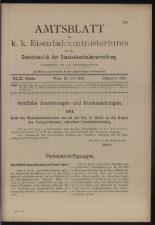 Verordnungs- und Anzeige-Blatt der k.k. General-Direction der österr. Staatsbahnen 19160729 Seite: 1