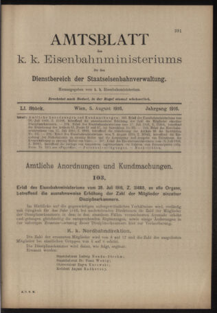 Verordnungs- und Anzeige-Blatt der k.k. General-Direction der österr. Staatsbahnen 19160805 Seite: 1