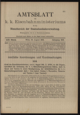 Verordnungs- und Anzeige-Blatt der k.k. General-Direction der österr. Staatsbahnen 19160819 Seite: 1