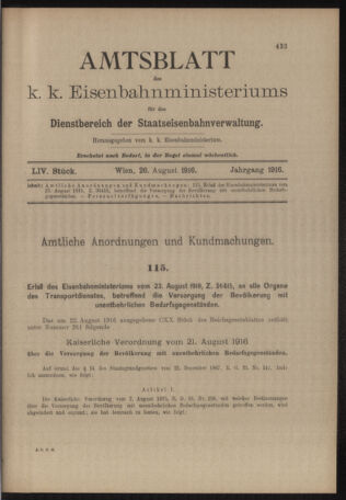 Verordnungs- und Anzeige-Blatt der k.k. General-Direction der österr. Staatsbahnen 19160826 Seite: 1