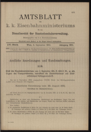 Verordnungs- und Anzeige-Blatt der k.k. General-Direction der österr. Staatsbahnen 19160905 Seite: 1