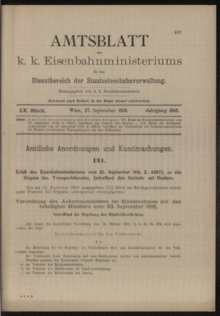 Verordnungs- und Anzeige-Blatt der k.k. General-Direction der österr. Staatsbahnen 19160927 Seite: 1