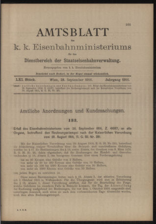 Verordnungs- und Anzeige-Blatt der k.k. General-Direction der österr. Staatsbahnen 19160928 Seite: 1