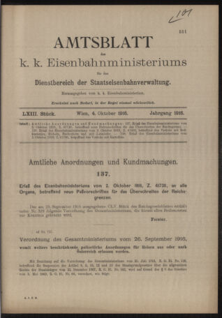 Verordnungs- und Anzeige-Blatt der k.k. General-Direction der österr. Staatsbahnen 19161004 Seite: 1