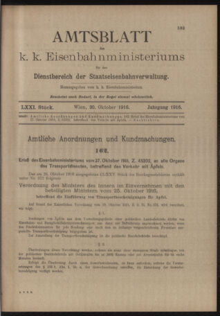 Verordnungs- und Anzeige-Blatt der k.k. General-Direction der österr. Staatsbahnen 19161030 Seite: 1