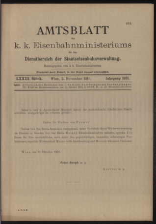 Verordnungs- und Anzeige-Blatt der k.k. General-Direction der österr. Staatsbahnen 19161102 Seite: 1