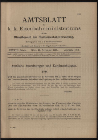 Verordnungs- und Anzeige-Blatt der k.k. General-Direction der österr. Staatsbahnen 19161123 Seite: 1