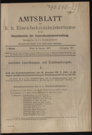 Verordnungs- und Anzeige-Blatt der k.k. General-Direction der österr. Staatsbahnen 19170105 Seite: 1