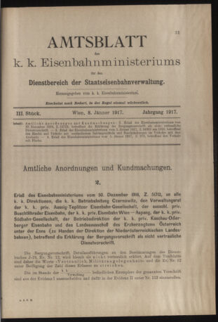 Verordnungs- und Anzeige-Blatt der k.k. General-Direction der österr. Staatsbahnen 19170108 Seite: 1