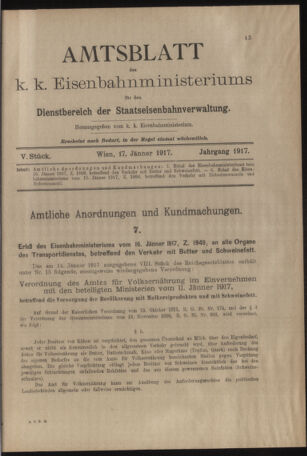 Verordnungs- und Anzeige-Blatt der k.k. General-Direction der österr. Staatsbahnen 19170117 Seite: 1