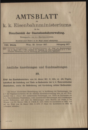 Verordnungs- und Anzeige-Blatt der k.k. General-Direction der österr. Staatsbahnen 19170125 Seite: 1