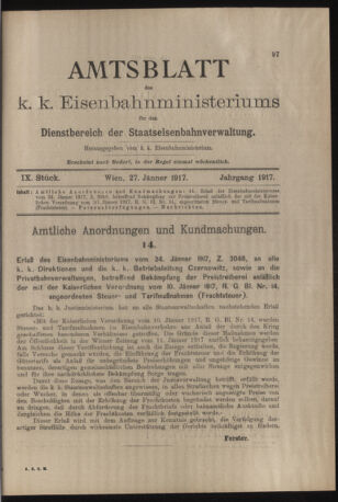 Verordnungs- und Anzeige-Blatt der k.k. General-Direction der österr. Staatsbahnen 19170127 Seite: 1