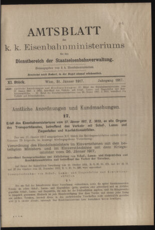 Verordnungs- und Anzeige-Blatt der k.k. General-Direction der österr. Staatsbahnen 19170131 Seite: 1