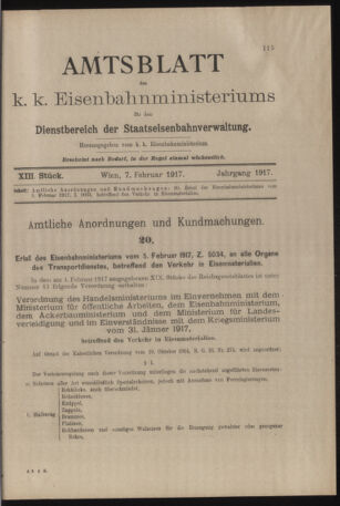 Verordnungs- und Anzeige-Blatt der k.k. General-Direction der österr. Staatsbahnen 19170207 Seite: 1