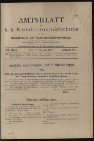 Verordnungs- und Anzeige-Blatt der k.k. General-Direction der österr. Staatsbahnen 19170217 Seite: 1