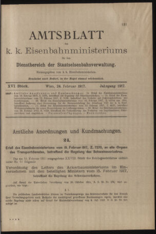 Verordnungs- und Anzeige-Blatt der k.k. General-Direction der österr. Staatsbahnen 19170224 Seite: 1