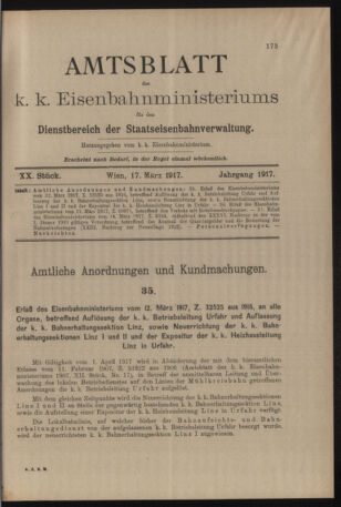 Verordnungs- und Anzeige-Blatt der k.k. General-Direction der österr. Staatsbahnen 19170317 Seite: 1