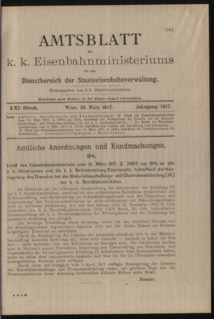 Verordnungs- und Anzeige-Blatt der k.k. General-Direction der österr. Staatsbahnen 19170324 Seite: 1