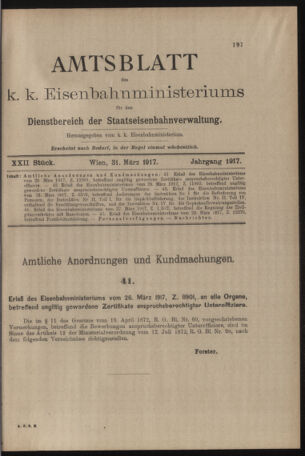 Verordnungs- und Anzeige-Blatt der k.k. General-Direction der österr. Staatsbahnen 19170331 Seite: 1