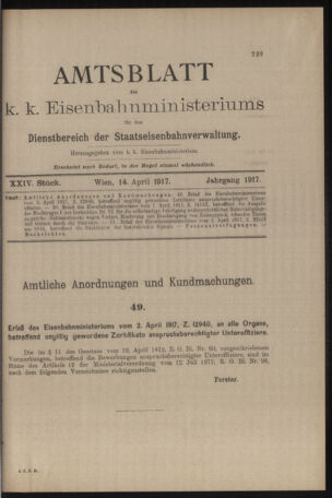 Verordnungs- und Anzeige-Blatt der k.k. General-Direction der österr. Staatsbahnen 19170414 Seite: 1