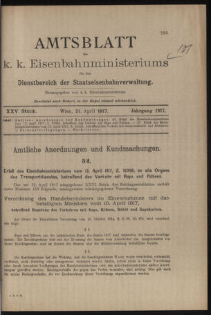 Verordnungs- und Anzeige-Blatt der k.k. General-Direction der österr. Staatsbahnen 19170421 Seite: 1