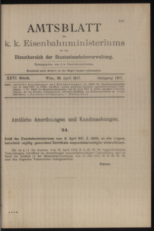 Verordnungs- und Anzeige-Blatt der k.k. General-Direction der österr. Staatsbahnen 19170428 Seite: 1