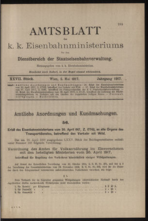 Verordnungs- und Anzeige-Blatt der k.k. General-Direction der österr. Staatsbahnen 19170505 Seite: 1