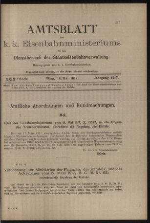 Verordnungs- und Anzeige-Blatt der k.k. General-Direction der österr. Staatsbahnen 19170514 Seite: 1