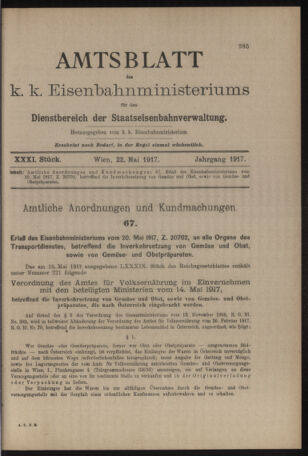 Verordnungs- und Anzeige-Blatt der k.k. General-Direction der österr. Staatsbahnen 19170522 Seite: 1