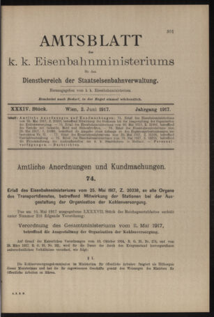 Verordnungs- und Anzeige-Blatt der k.k. General-Direction der österr. Staatsbahnen 19170602 Seite: 1