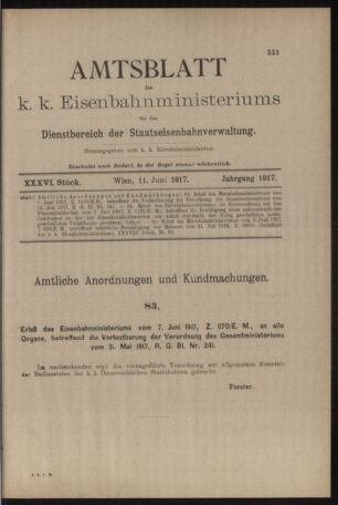 Verordnungs- und Anzeige-Blatt der k.k. General-Direction der österr. Staatsbahnen 19170611 Seite: 1