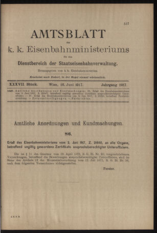 Verordnungs- und Anzeige-Blatt der k.k. General-Direction der österr. Staatsbahnen 19170616 Seite: 1