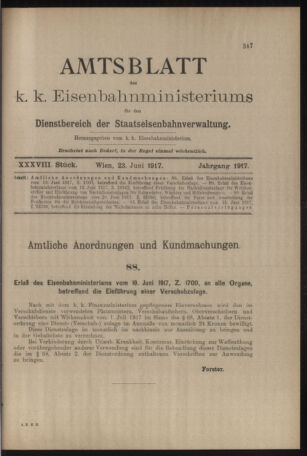 Verordnungs- und Anzeige-Blatt der k.k. General-Direction der österr. Staatsbahnen 19170623 Seite: 1