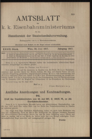 Verordnungs- und Anzeige-Blatt der k.k. General-Direction der österr. Staatsbahnen 19170630 Seite: 1