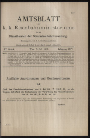 Verordnungs- und Anzeige-Blatt der k.k. General-Direction der österr. Staatsbahnen 19170707 Seite: 1