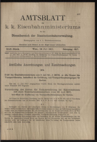 Verordnungs- und Anzeige-Blatt der k.k. General-Direction der österr. Staatsbahnen 19170714 Seite: 1