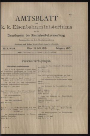 Verordnungs- und Anzeige-Blatt der k.k. General-Direction der österr. Staatsbahnen 19170728 Seite: 1