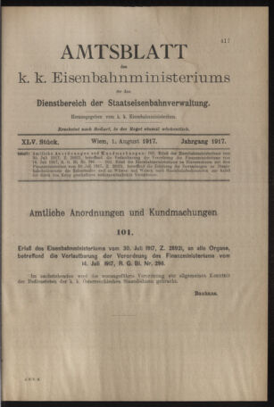 Verordnungs- und Anzeige-Blatt der k.k. General-Direction der österr. Staatsbahnen 19170801 Seite: 1