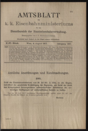 Verordnungs- und Anzeige-Blatt der k.k. General-Direction der österr. Staatsbahnen 19170804 Seite: 1