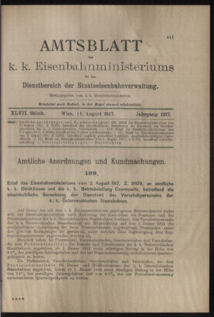 Verordnungs- und Anzeige-Blatt der k.k. General-Direction der österr. Staatsbahnen 19170811 Seite: 1