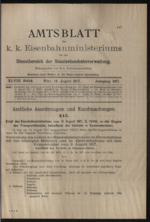 Verordnungs- und Anzeige-Blatt der k.k. General-Direction der österr. Staatsbahnen 19170818 Seite: 1