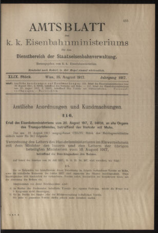 Verordnungs- und Anzeige-Blatt der k.k. General-Direction der österr. Staatsbahnen 19170825 Seite: 1