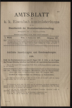 Verordnungs- und Anzeige-Blatt der k.k. General-Direction der österr. Staatsbahnen 19170901 Seite: 1