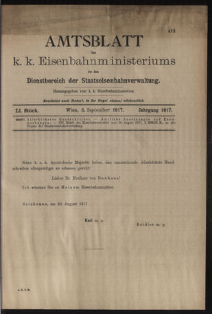 Verordnungs- und Anzeige-Blatt der k.k. General-Direction der österr. Staatsbahnen 19170903 Seite: 1