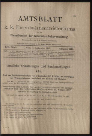 Verordnungs- und Anzeige-Blatt der k.k. General-Direction der österr. Staatsbahnen 19170907 Seite: 1