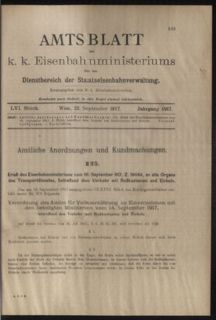 Verordnungs- und Anzeige-Blatt der k.k. General-Direction der österr. Staatsbahnen 19170922 Seite: 1